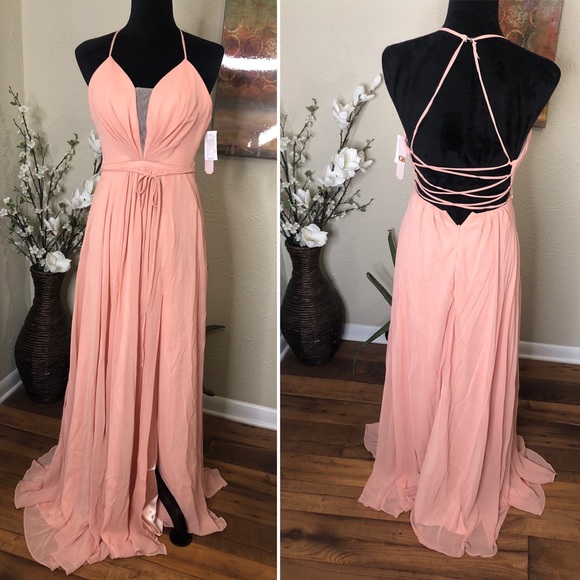 Gianni Bini Plunging Neckline Corset Back Prom Bridesmaid Pink Dress w/Side Slit - Picture 2 of 9
